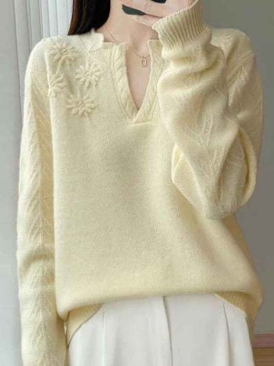 Kaylee Retro V-Neck Embroidered Floral Knitted Sweater