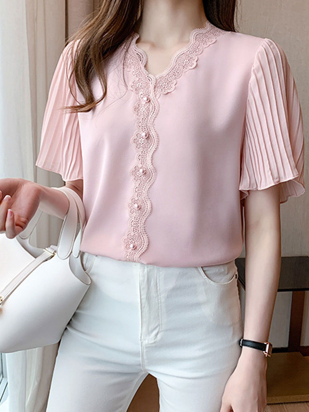 Elizabeth Classic V-Neck Lace Chiffon Top