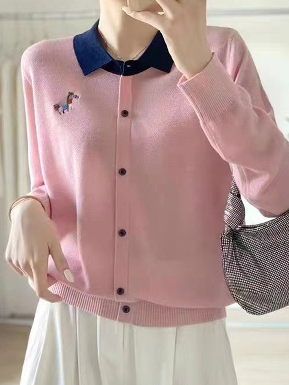 Alyssa Polo Colorblock Embroidered Knitted Cardigan-Gray