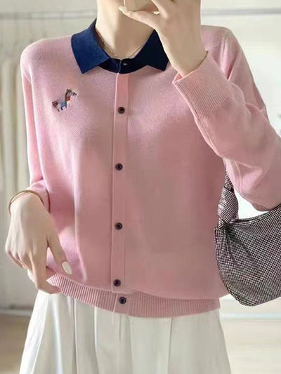 Alyssa Polo Colorblock Embroidered Knitted Cardigan-Gray