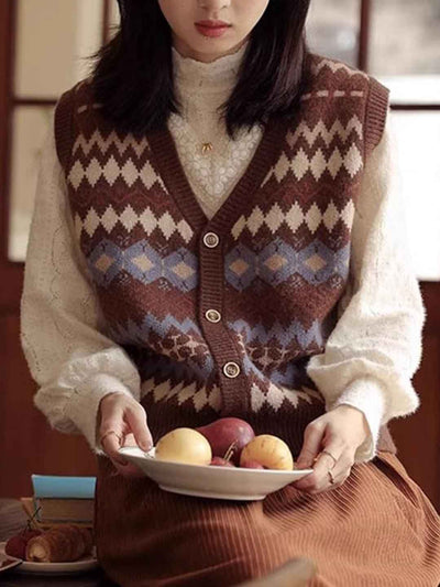 Olivia Retro V-Neck Diamond Knitted Vest