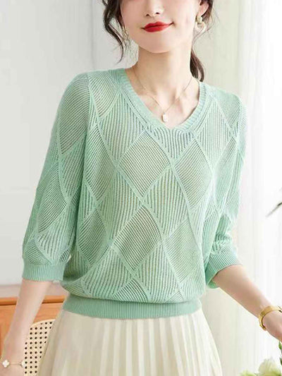 Sarah Loose V-Neck Hollowed Knitted Top