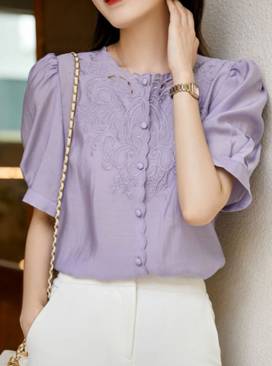 Trinity Retro Embroidered Hollowed Shirt-Purple