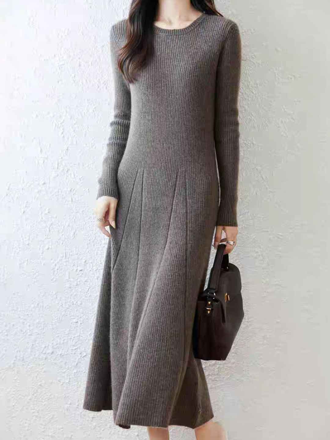 Lauren Classic Crew Neck Solid Color Knitted Sweater Dress