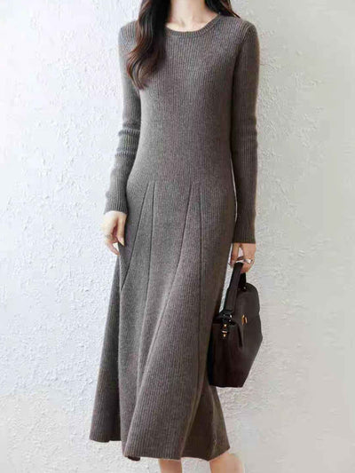 Lauren Classic Crew Neck Solid Color Knitted Sweater Dress
