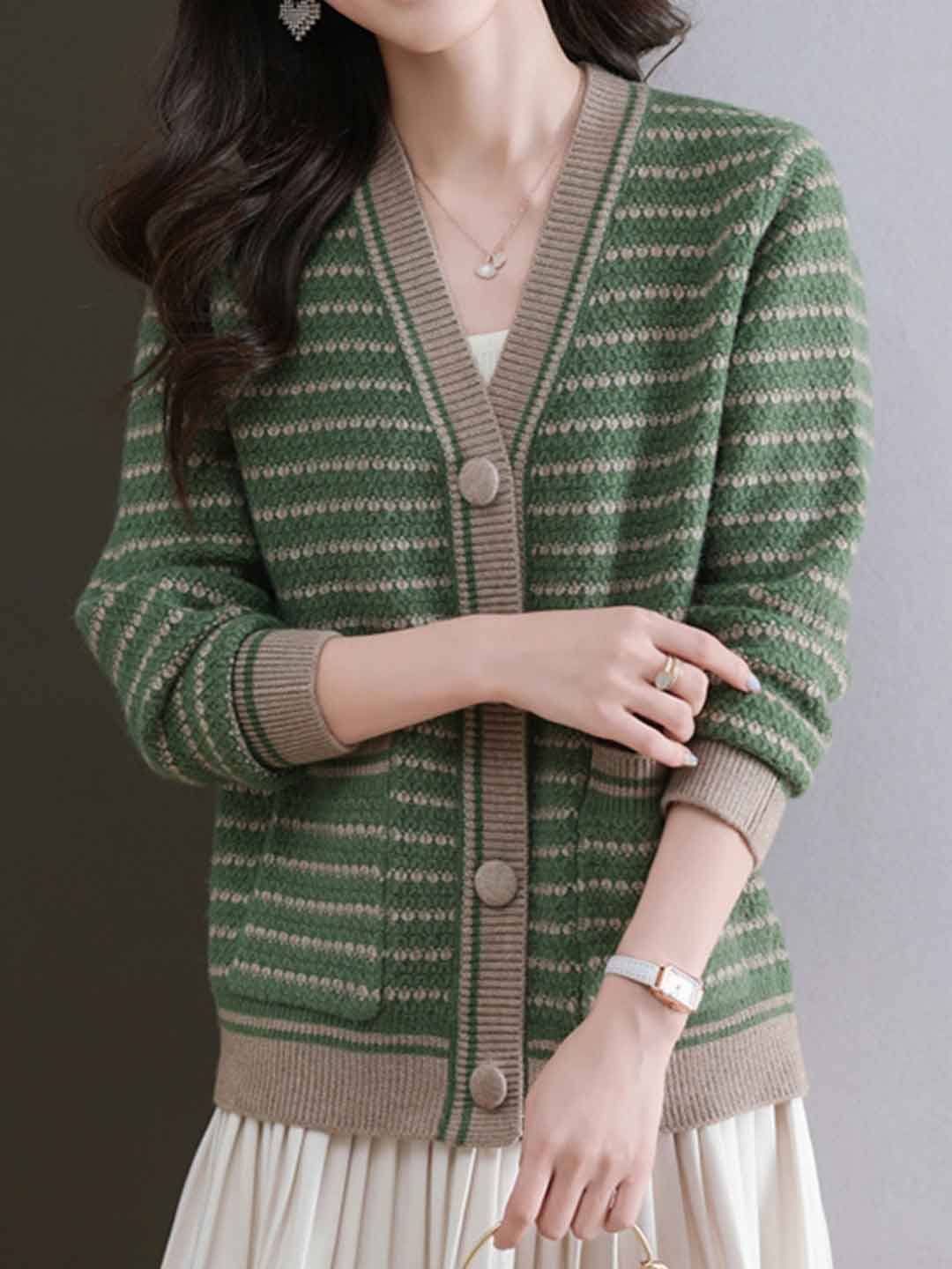 Aaliyah Casual Crew Neck Striped Knitted Cardigan