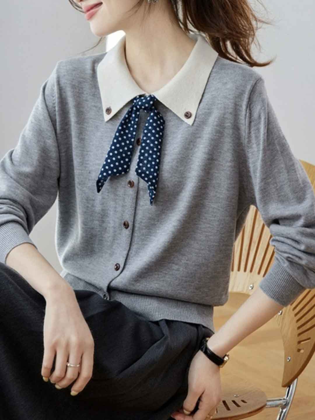 Bella Cute Doll Collar Bow Knitted Top