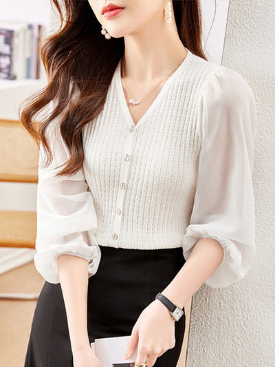 Kimberly Classic Chiffon Sleeve Knitted Cardigan-White