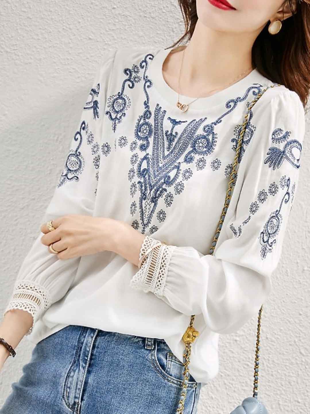 Zoe Casual Crew Neck Embroidered Top