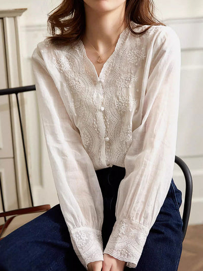 Abigail Vacation V-Neck Solid Color Embroidered Top