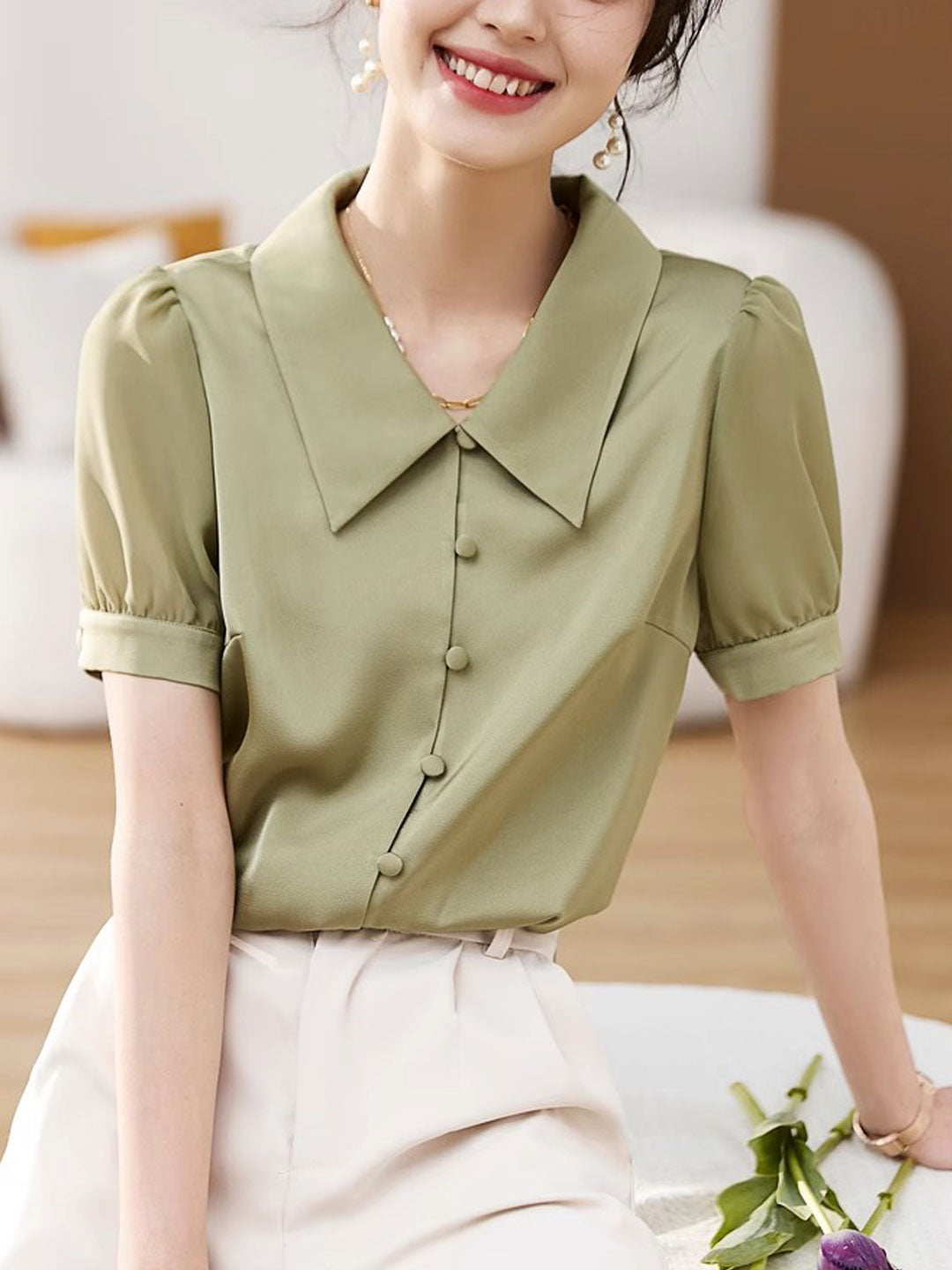 Morgan Casual Lapel Puff Sleeve Satin Shirt