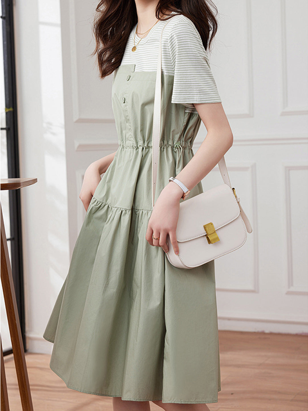 Audrey Elegant Color Block Irregular Dress-Green
