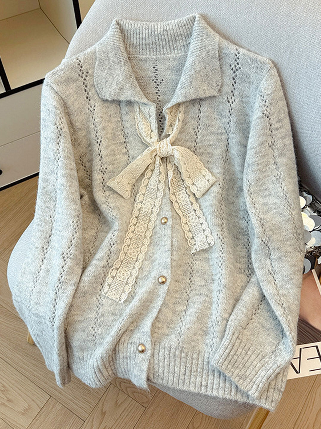 Brianna Retro Lapel Hollowed Lace Knitted Cardigan
