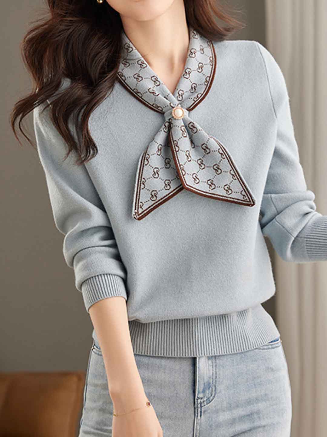 Andrea Loose Bow Scarf Collar Knitted Top