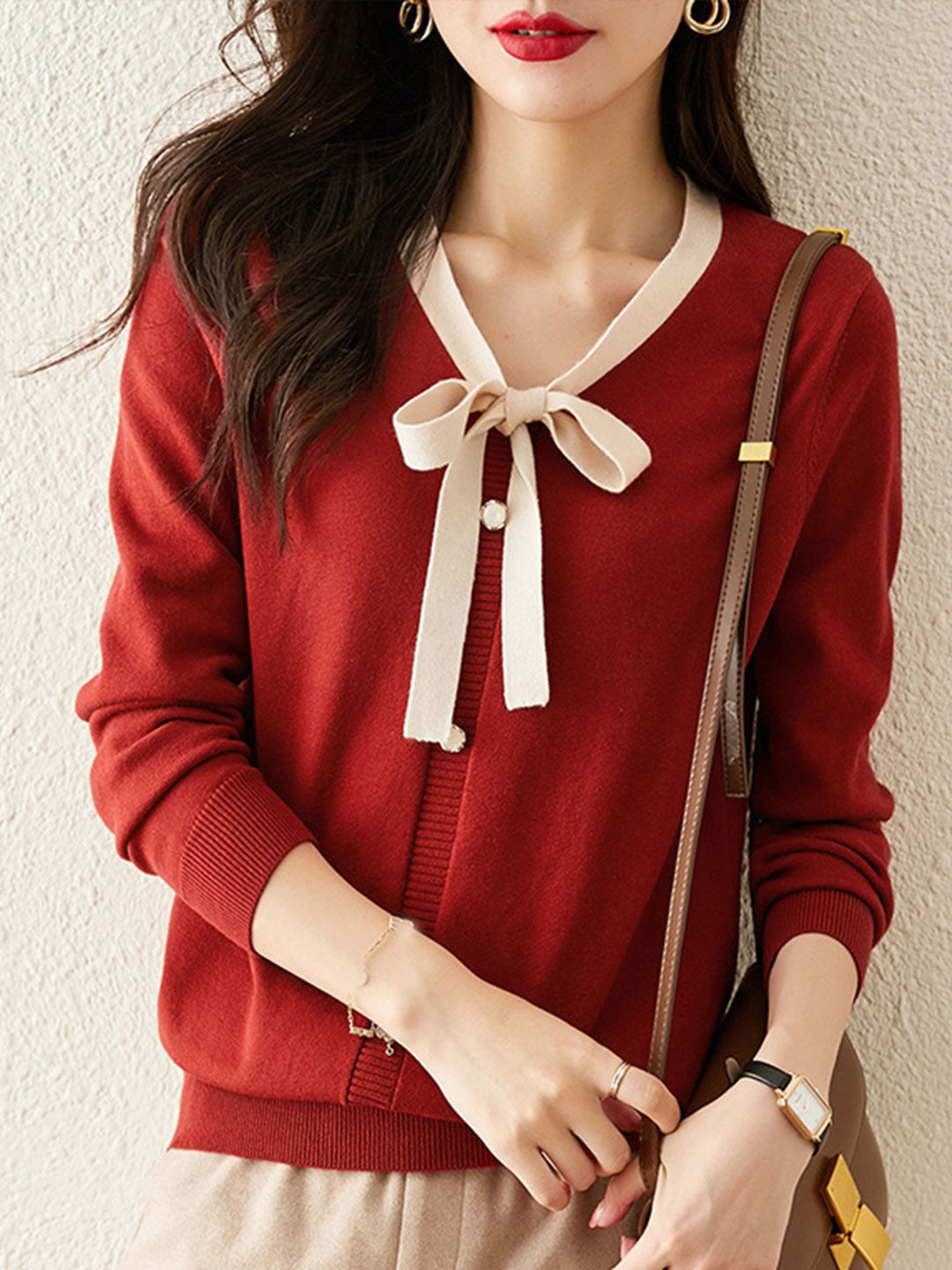Zoe Elegant Bow Color Blocked Knitted Sweater