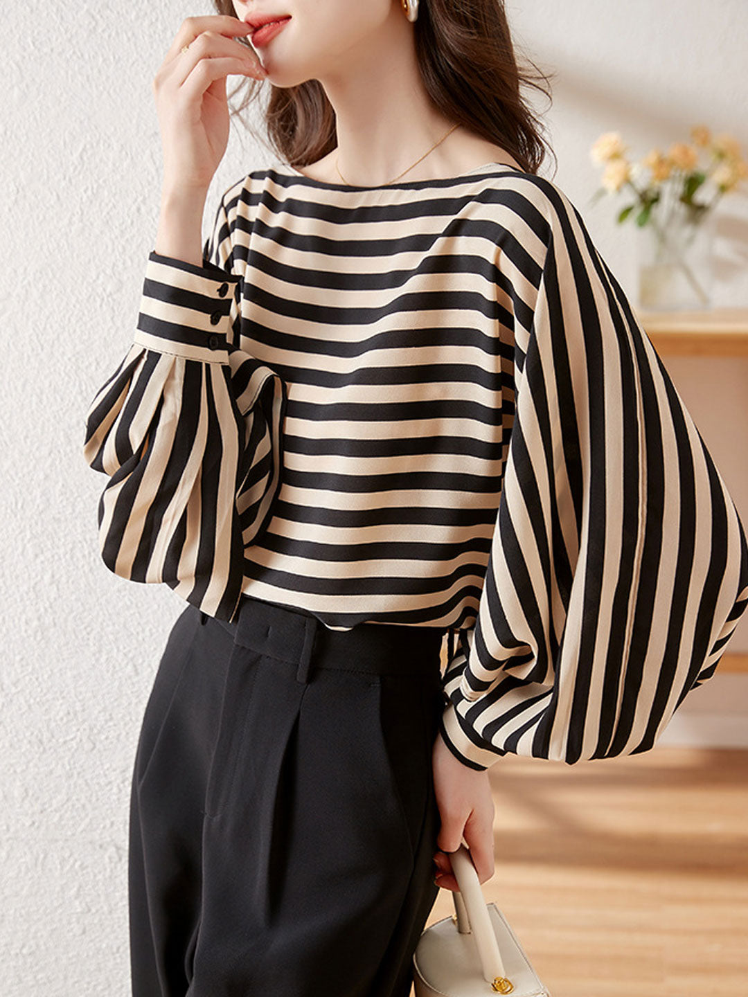 Jessica Classic One-shoulder Striped Chiffon Blouse