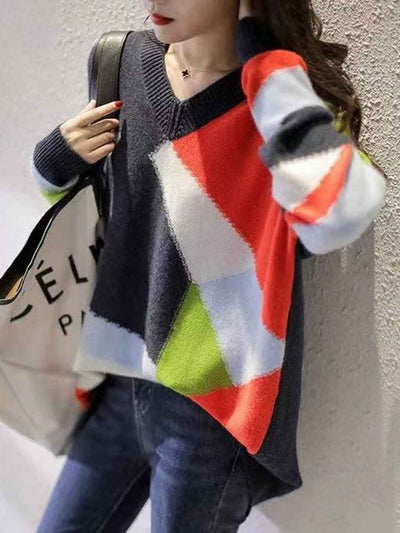 Zoe Loose V-Neck Colorblock Knitted Pullover Sweater