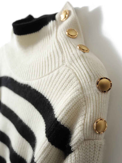 Hailey Turtleneck Buttons Striped Knitted Sweater