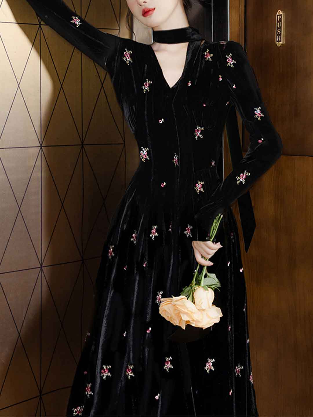 Lillian Retro V-Neck Velvet Embroidered Dress