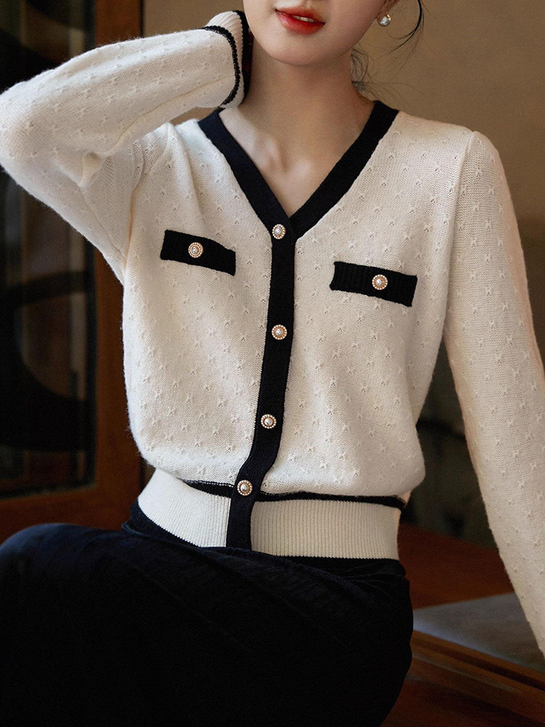 Hannah Casual V-Neck Textured Jacquard Knitted Sweater