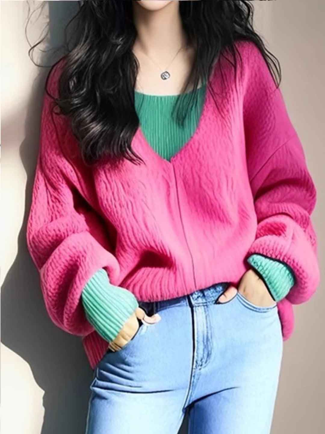 Emily Daily V-Neck Patchwork Mock Two-Piece Knitted Top