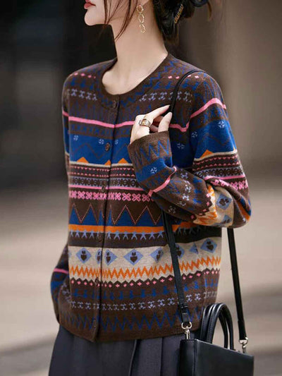 Sofia Classic Crew Neck Jacquard Knitted Cardigan