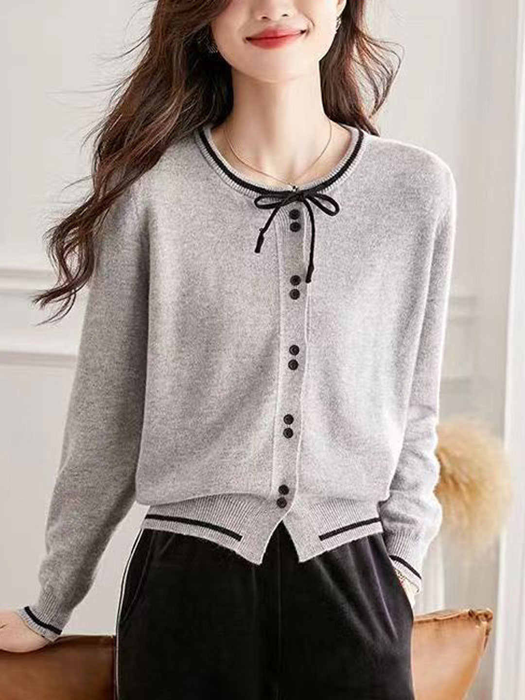 Anna Classic Bow Knitted Cardigan-Gray