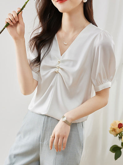 Bella Elegant Beaded Pleated Satin Shirt