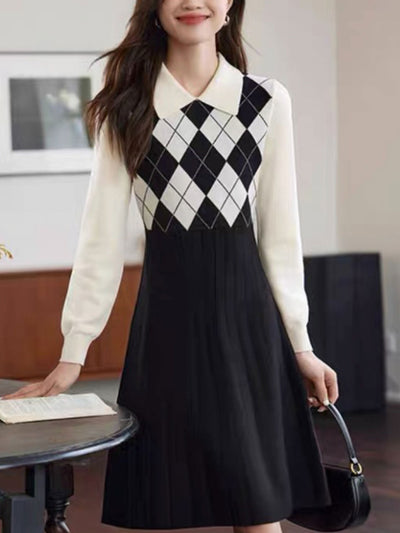 Jocelyn Elegant Diamond Patchwork Knitted Dress