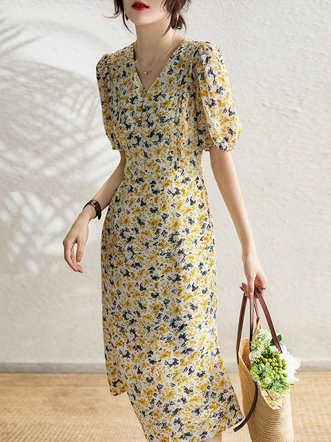 Kayla Retro Floral Puff Sleeve Dress