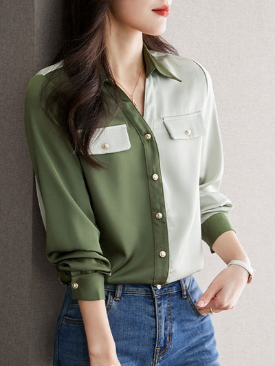 Lauren Classic Contrasted Color Paneled Chiffon Shirt