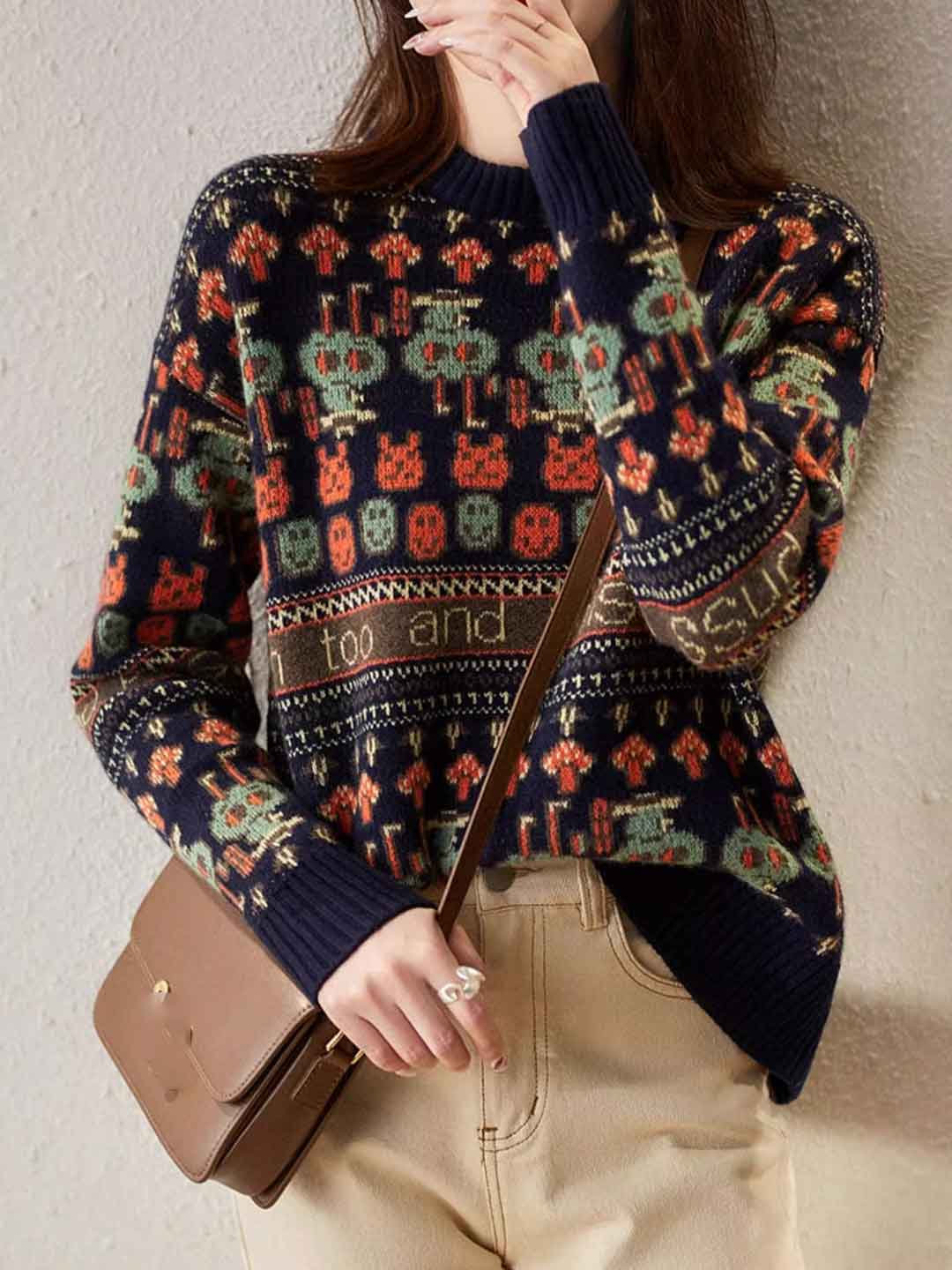 Kylie Loose Turtleneck Jacquard Knitted Sweater