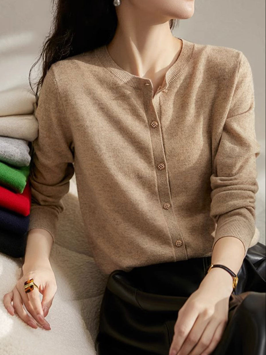 Sophia Classic Crew Neck Solid Color Knitted Cardigan