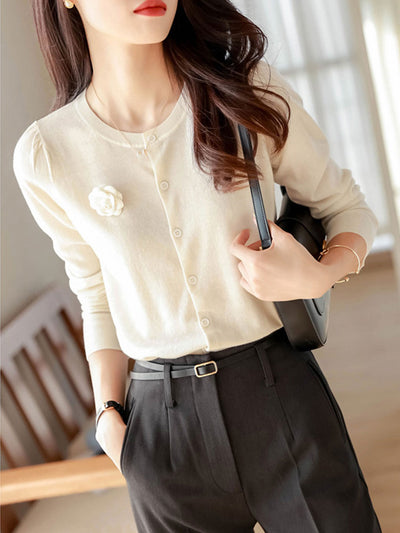 Mia Casual Crew Neck Patchwork Knitted Cardigan-Apricot