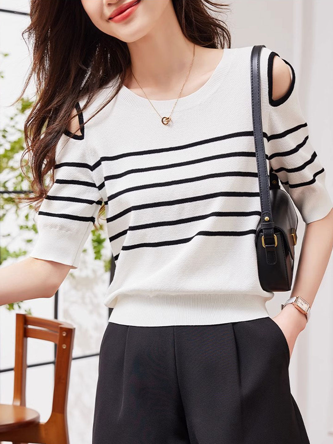 Lauren Casual Off-The-Shoulder Striped Knitted Top