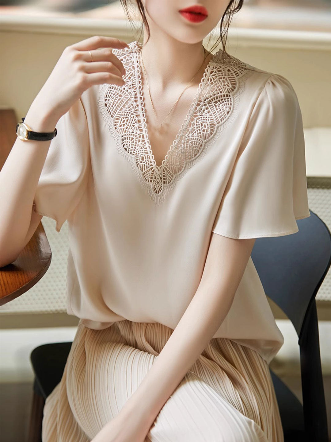 Taylor Elegant V-Neck Hollow Embroidered Chiffon Top