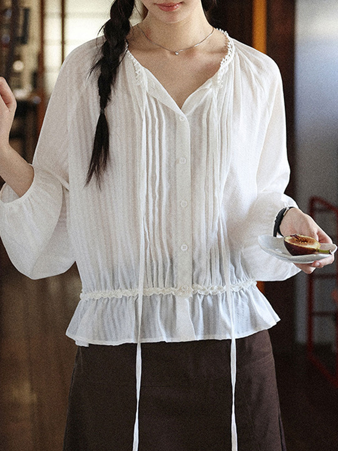 Ashley Retro Puff Sleeve Tie Pleated Blouse