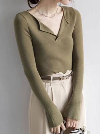 Sophia Slim V-Neck Solid Color Knitted Sweater