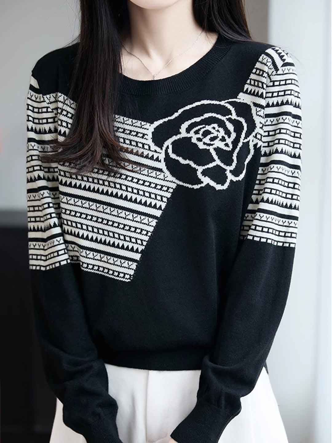 Ella Classic Crew Neck Jacquard Knitted Sweater