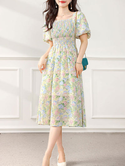 Sophia Retro Puff Sleeve Floral Dress-Green