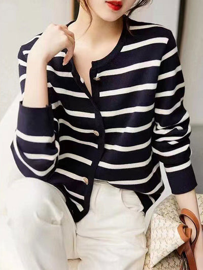 Olivia Classic Crew Neck Striped Knitted Cardigan