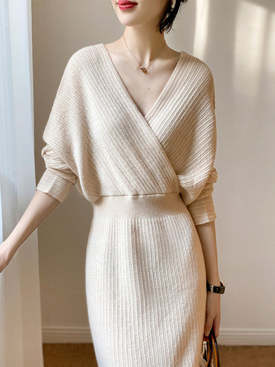 Grace Vintage V-neck Knitted Sweater Dress-Beige