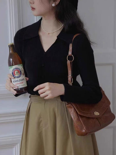 Zoey Retro V-Neck Solid Color Knitted Top