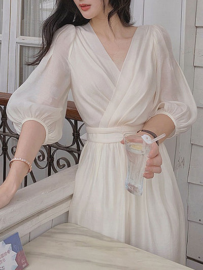 Kayla Retro Puff Sleeve Chiffon Dress-White
