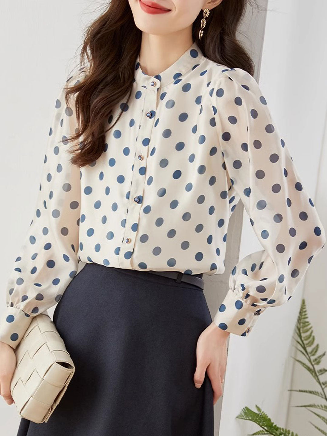 Alexis Retro Polka Dot Printed Chiffon Shirt-Pink