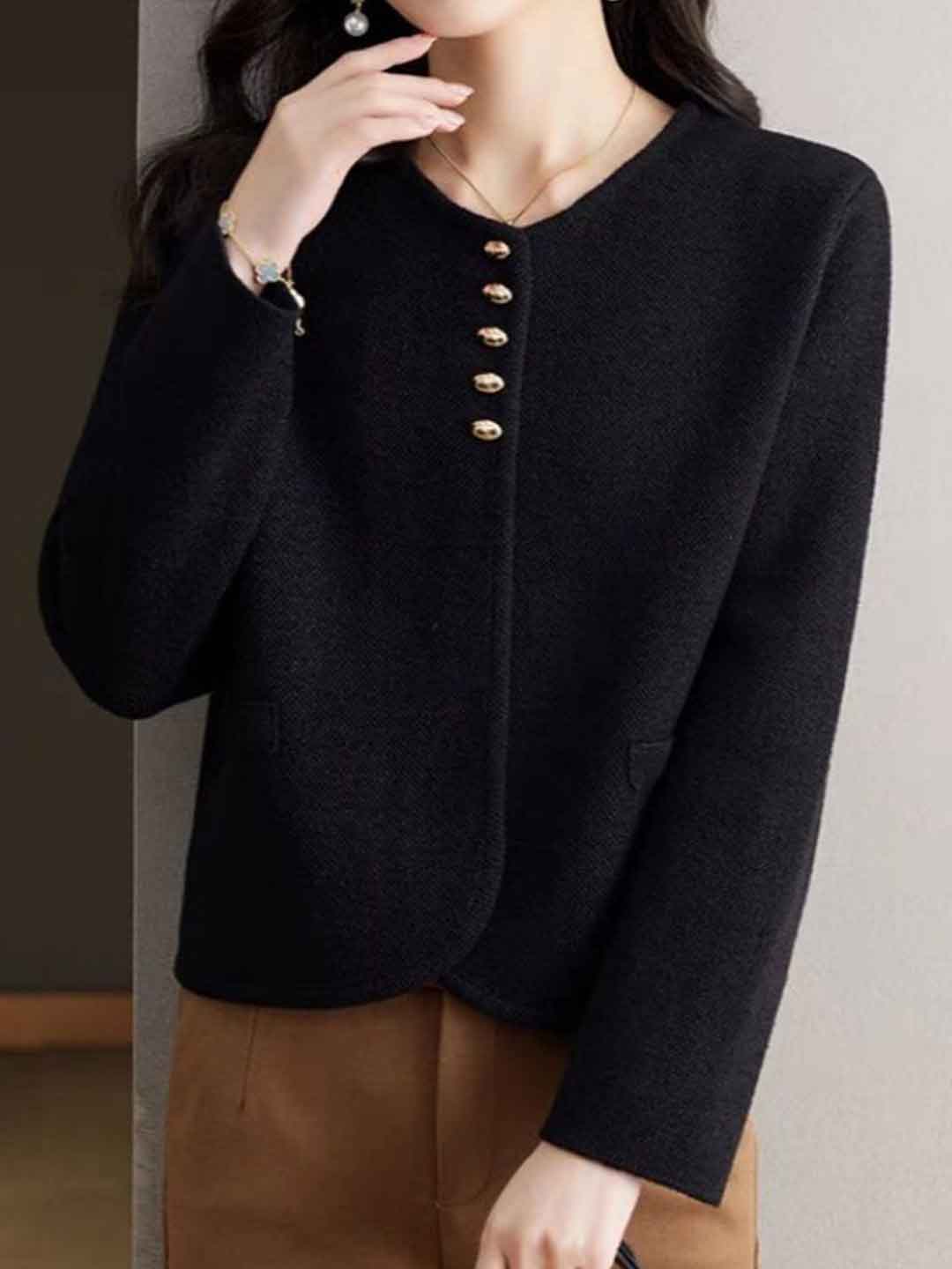 Maya Classic Crew Neck Solid Color Tweed Knitted Coat