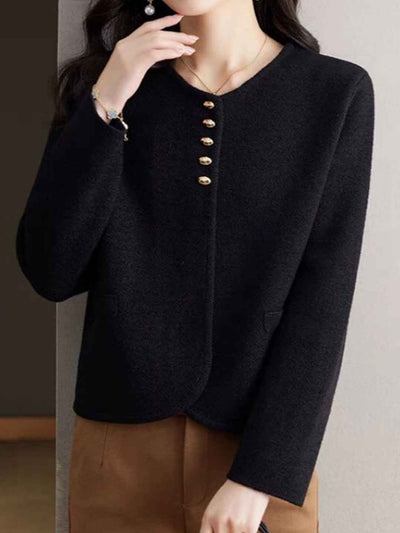 Maya Classic Crew Neck Solid Color Tweed Knitted Coat