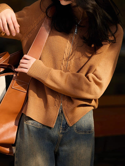 Ava Loose Double Zipper Hooded Knitted Cardigan