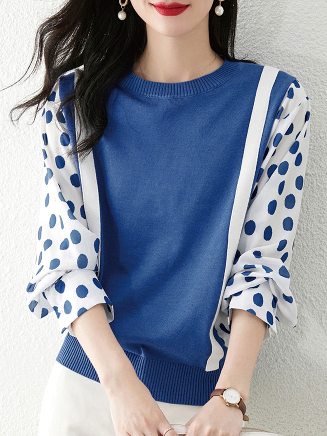 Olivia Casual Polka Dot Chiffon Sleeve Knitted Sweater