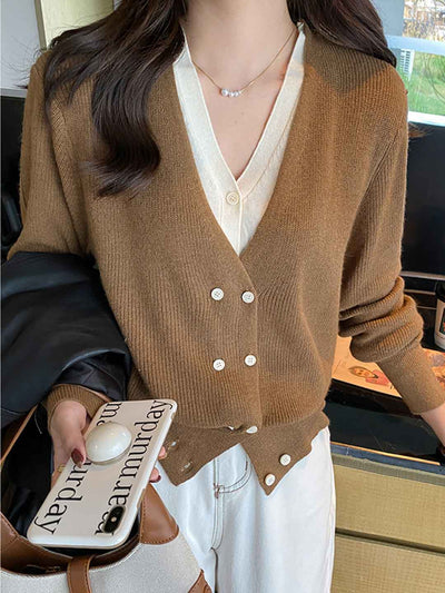 Trinity Casual V-Neck Mock Two-Piece Knitted Top